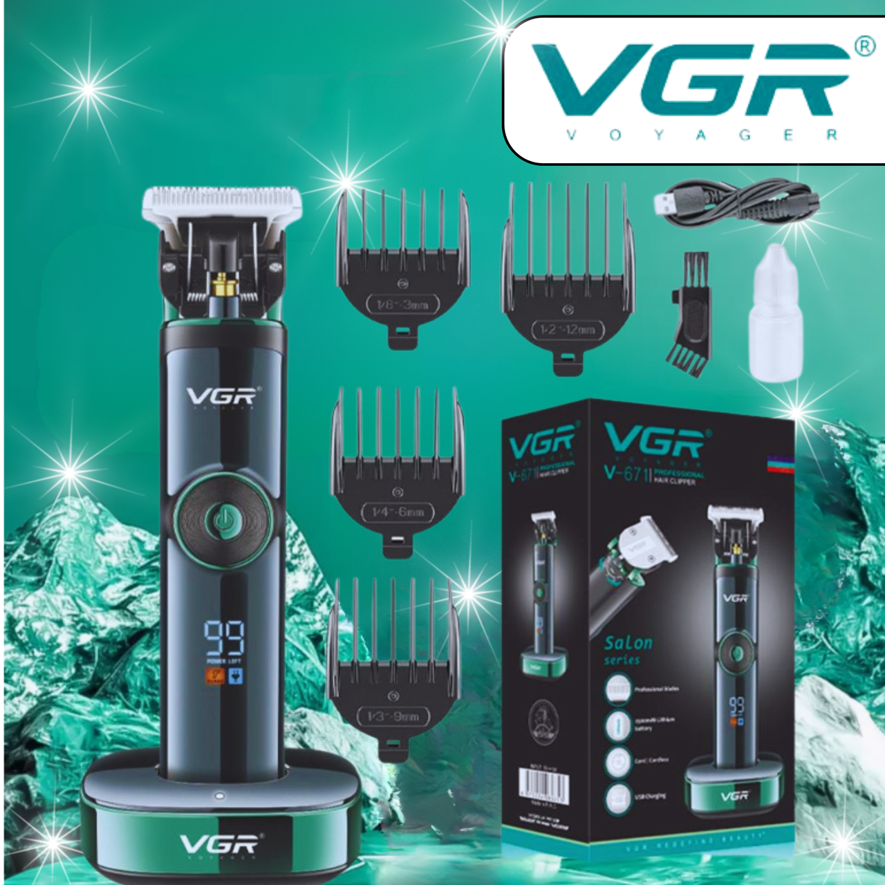 Професійна машинка-триммер для стрижки волосся та бороди VGR V-671 з LED дисплеєм та 4 насадками