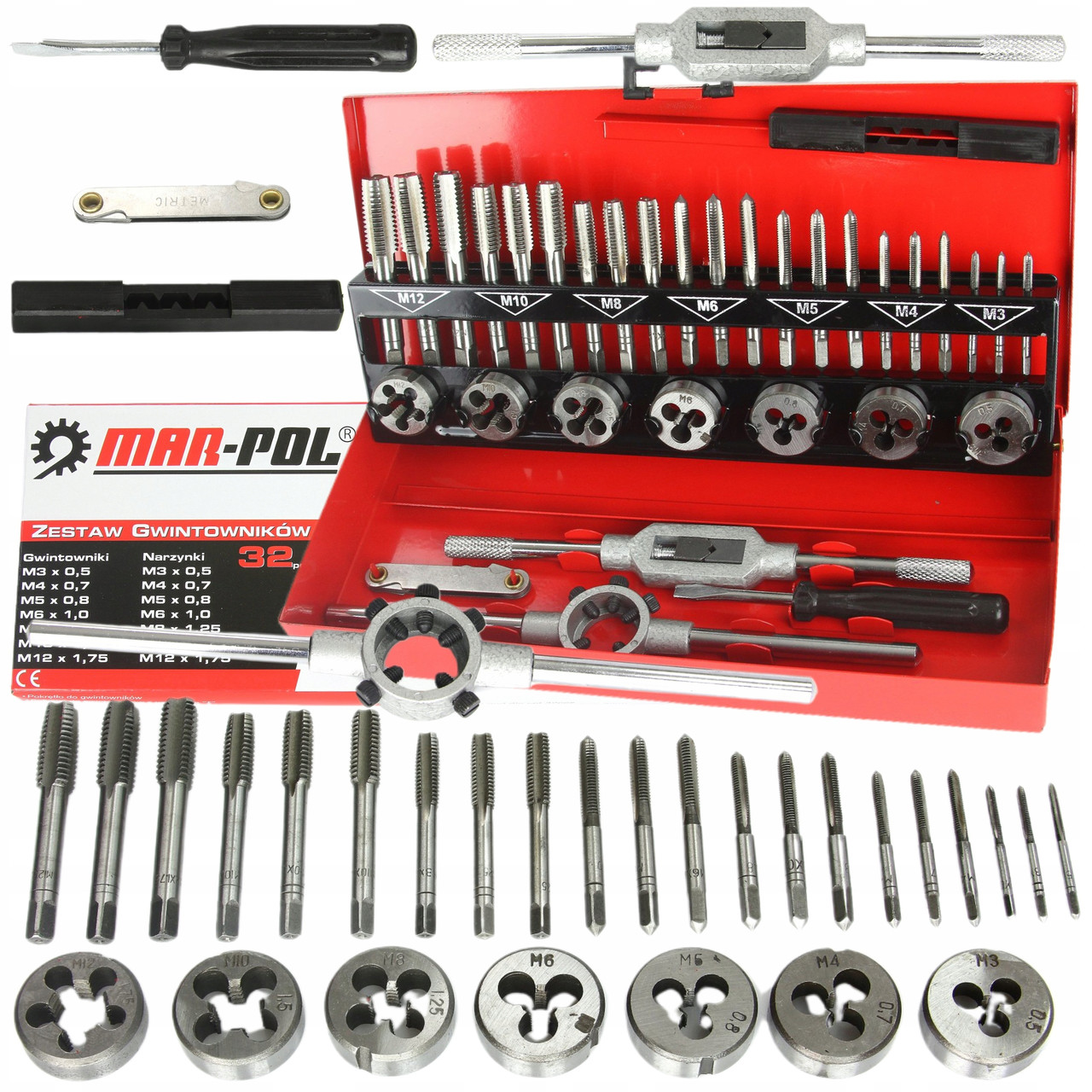 Набір мітчиків і плашок Mar-Pol M55873 (32 шт., М3-М12, металевий ящик, Польща), фото 1