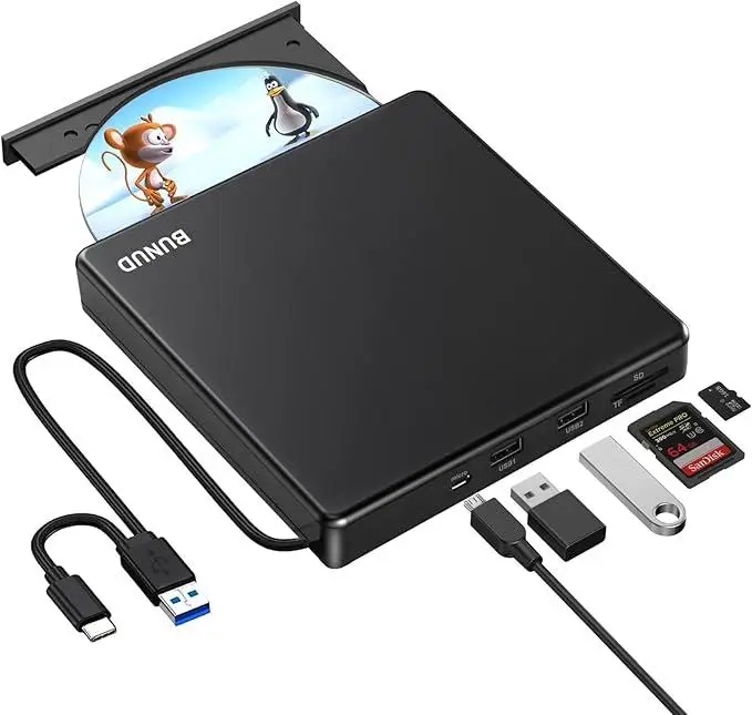 Зовнішній USB 3.0 CD/DVD привід з 2 слотами USB та TF/SD, сумісний з MacBook, Windows 11, Linux OS