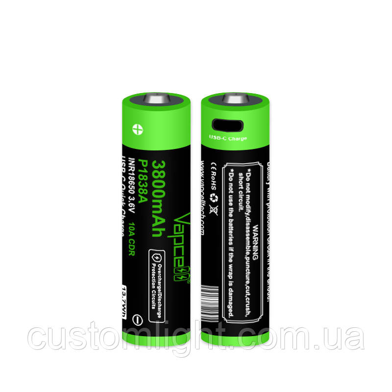 Акумулятор Vapcell P1838A 18650 3800mah 10А (захист + Micro-USB зарядка)