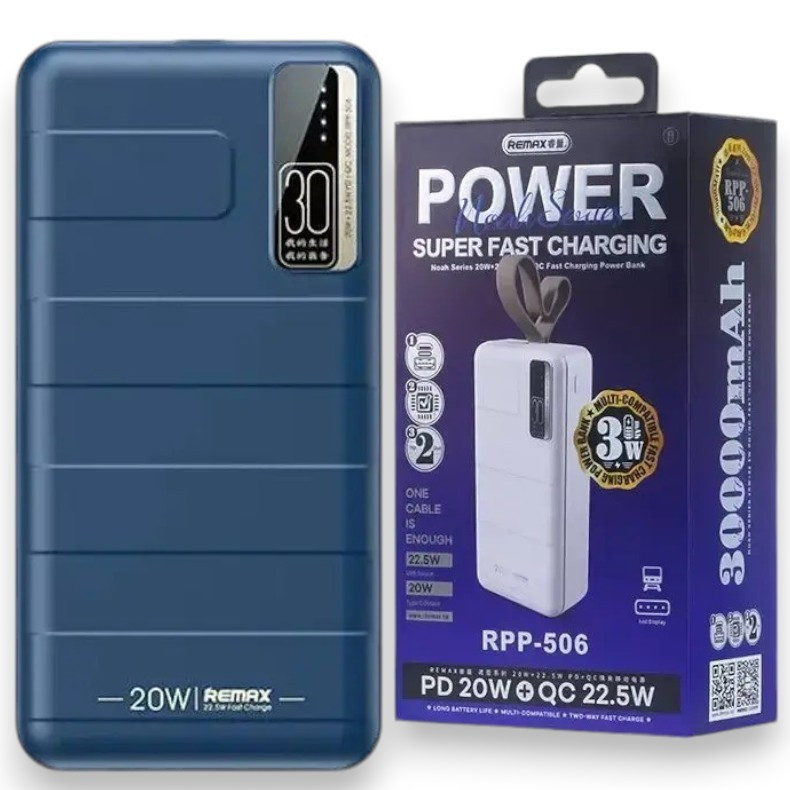 Портативна батарея повербанк Power Bank Remax RPP-506 Noah QC3.0+ PD22.5W 30000 mAh швидка зарядка, синій