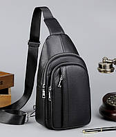 Чоловіча шкіряна нагрудна бананка 18x32x7, сумка рюкзак на плече Tiding Bag чорна