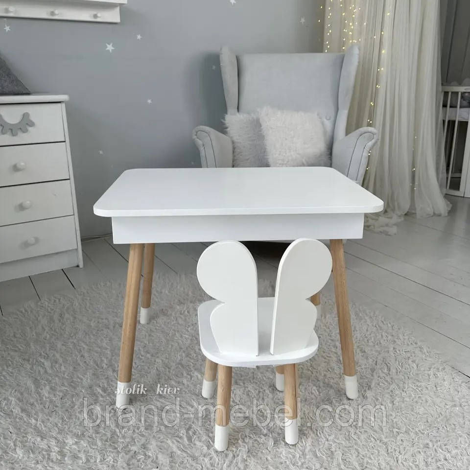 Дитячий столик і стільчик метелик білий. Столик із нішею для олівців і розмальовок, фото 1