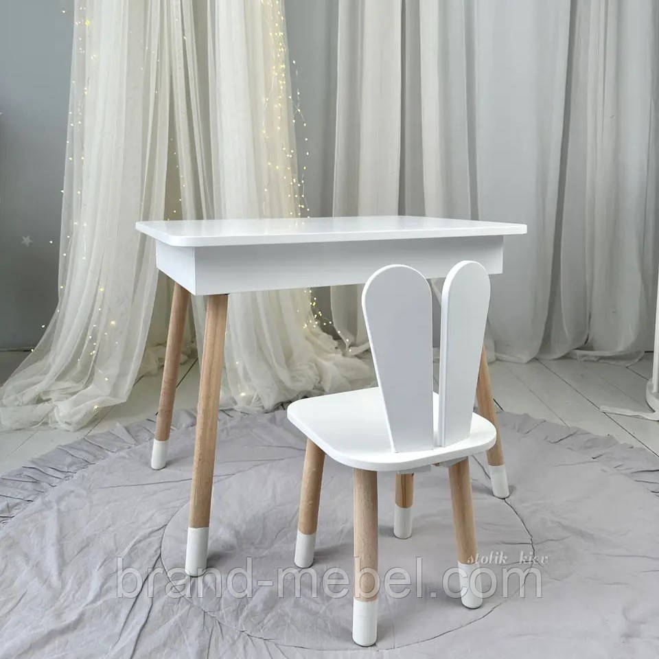 Дитячий столик і стільчик зайчик білий. Столик із нішею для олівців і розмальовок, фото 1