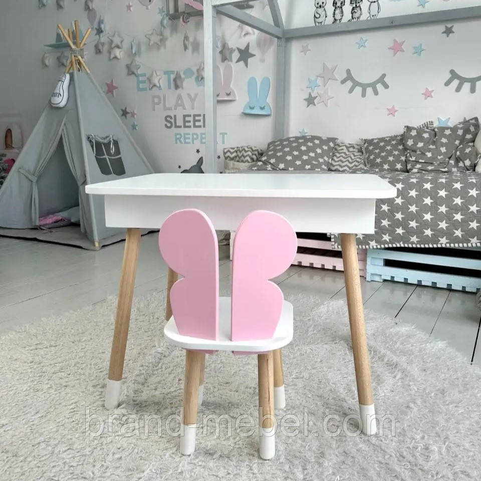 Дитячий столик білий і стільчик метелик рожевий. Столик із нішею для олівців і розмальовок, фото 1
