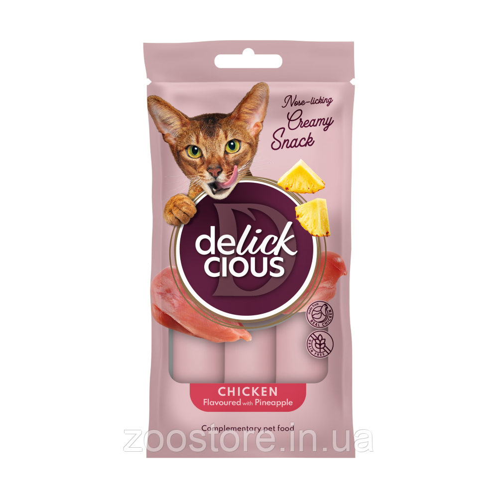 Кремові ласощі Delickcious для котів – курка з додаванням ананасу 4шт*15г