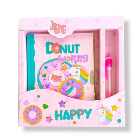 Блокнот дитячий на замочку в подар.коробочці з ручкою 195x210х20mm, 70g, 56 л, Пончики