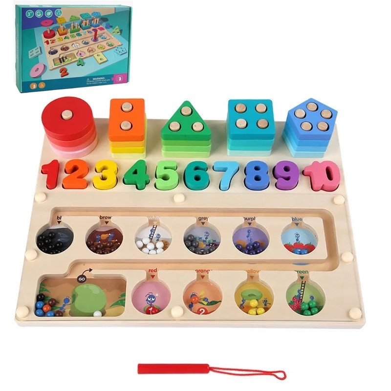 Дерев'яна дошка з геометричними пірамідами, сортером-цифрами та магнітним лабіринтом арт. C 65680, фото 1