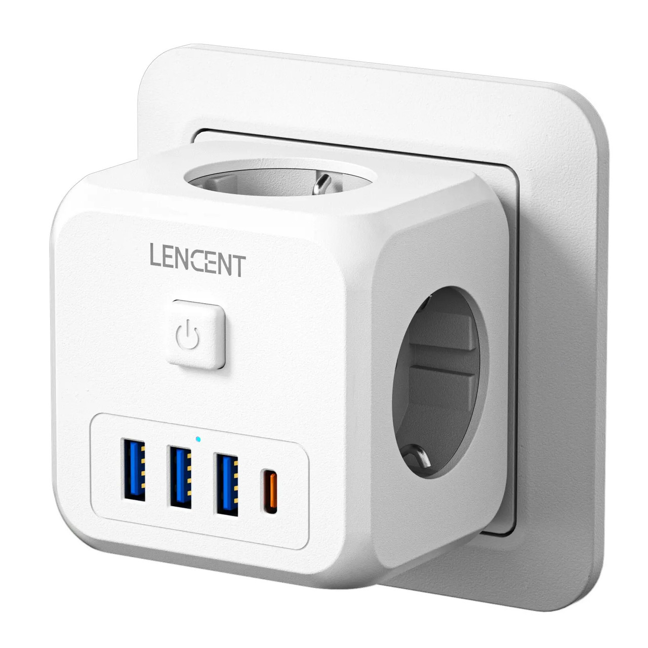 Безпечний трійник LENCENT на 3 розетки, 3 USB-A, 1 USB-C, кнопка вимкнення