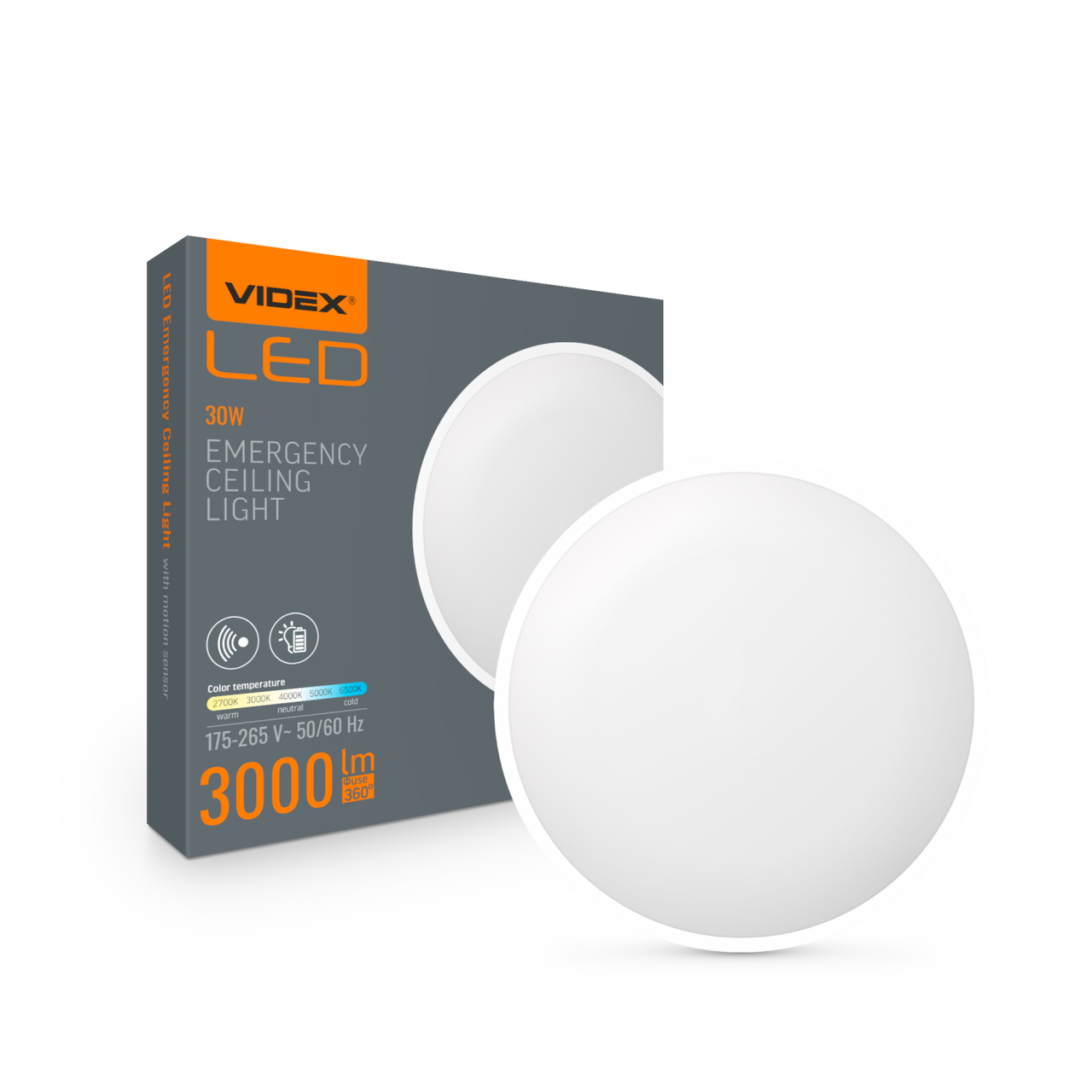 Акумуляторний LED світильник з датчиком руху VIDEX 30W VL-CLR-EM300-2 3000Lm 4400mAh 3000K-6500K 323х55мм накладний стельовий