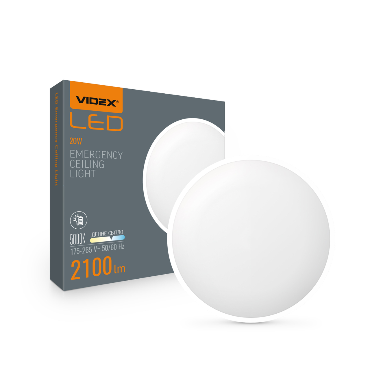 Акумуляторний LED світильник VIDEX 20W 5000K 220V VL-CLR-EM200-2 стельовий 2100Lm 2200mAh IP44 280х70мм накладний