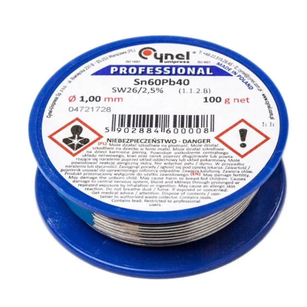 Припій дротяний Cynel з активним флюсом Sn60Pb40 100 г діам. 1.0 мм FLUX SW26 ПОС-60Ф, фото 1
