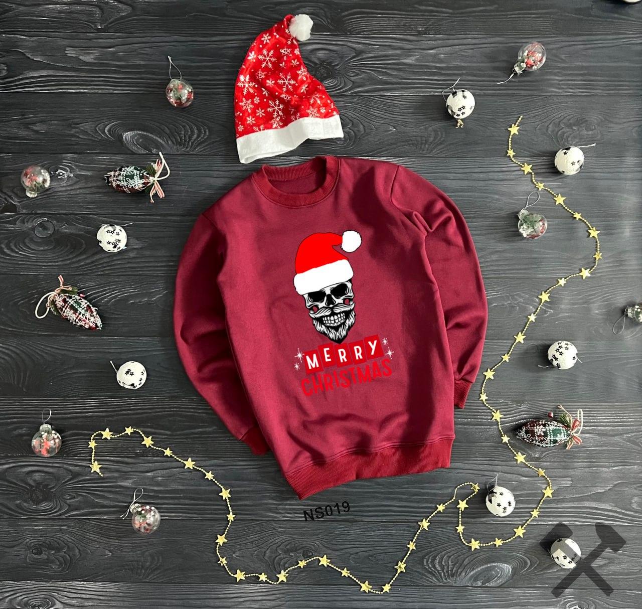 Новорічний світшот зимовий на флісі кофта утеплена з начосом унісекс Merry Christmas червона