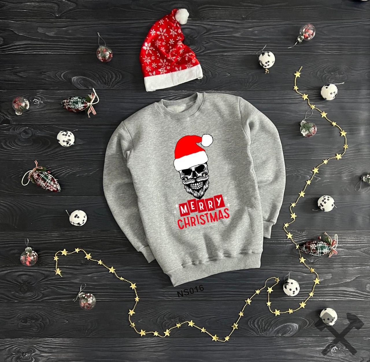Новорічна кофта зимова на флісі толстовка утеплена флісом світшот Merry Christmas сірий