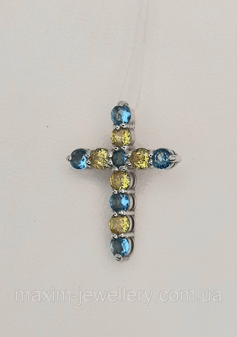 Хрест зі срібла з куб.цирконієм в патріотичному стилі, фото 1