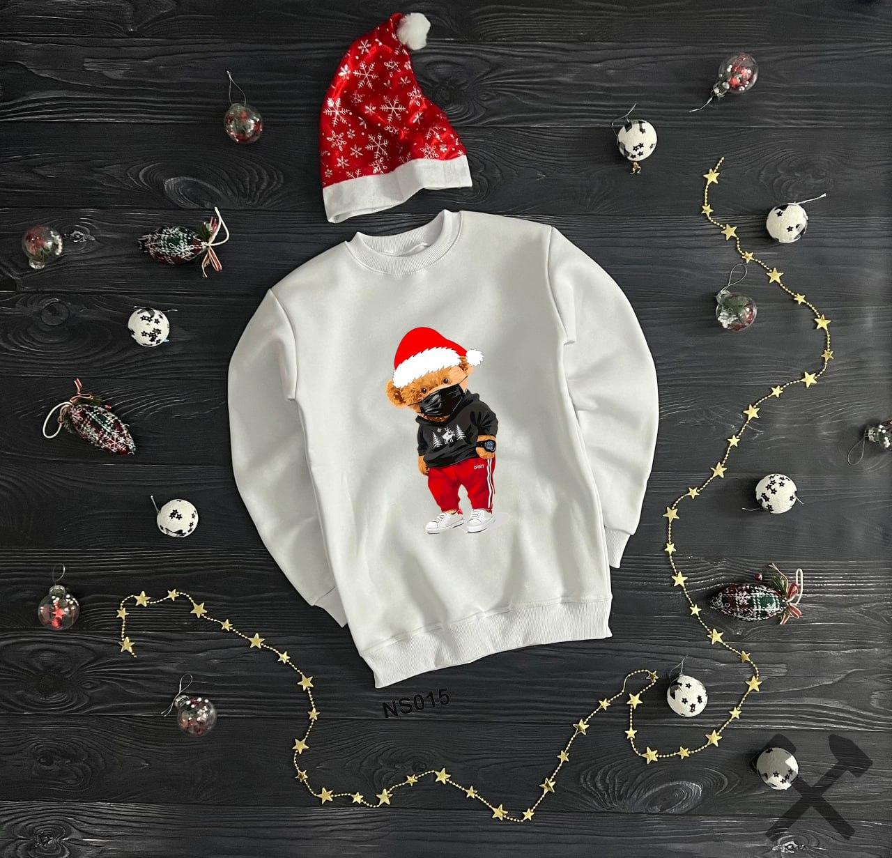 Кофта новорічна зимова утеплена флісом світшот з начосом унісекс New Year's bear білий