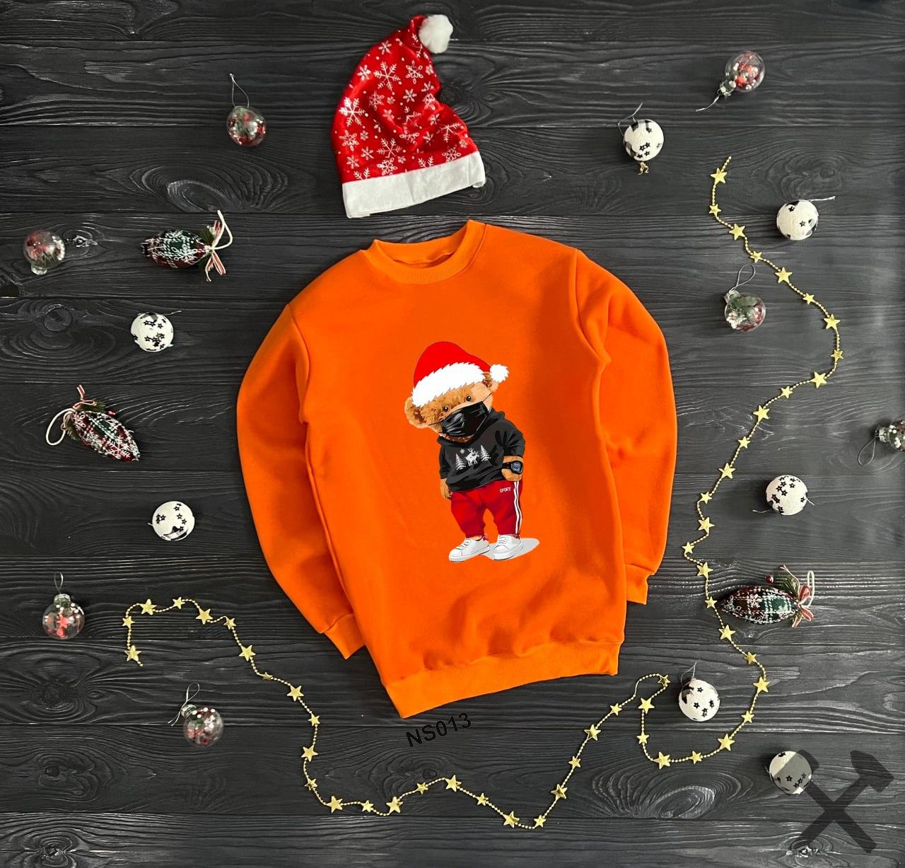 Новорічний світшот утеплений флісом кофта толстовка з начосом унісекс New Year's bear помаранчева