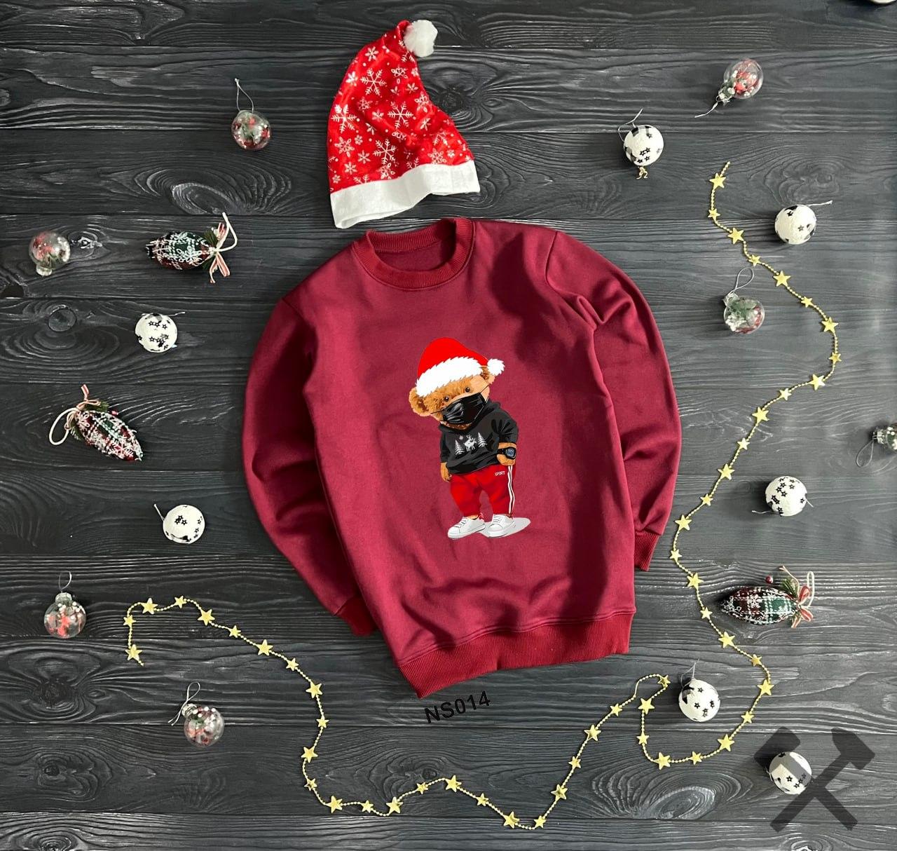 Новорічний світшот зимовий теплий з начосом кофта толстовка унісекс New Year's bear червона