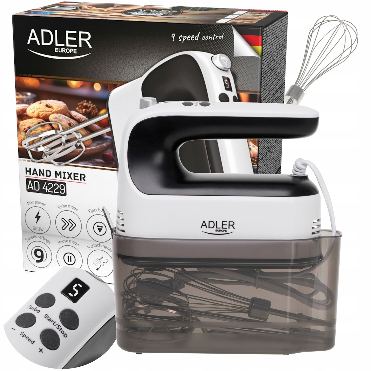 Міксер ручний Adler AD 4229 — 600 Вт, 9 швидкостей, LCD-дисплей, TURBO, Польща