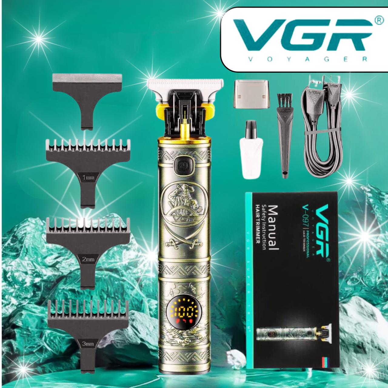 Професійний триммер для бороди та волосся VGR V-097 PLATINUM металевий корпус 4 насадки LED дисплей