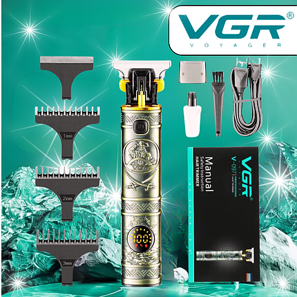 Професійний триммер для бороди та волосся VGR V-097 PLATINUM металевий корпус 4 насадки LED дисплей, фото 1
