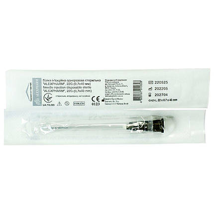 Голка ін'єкційна одноразова стерильна "ALEXPHARM", 22G (0,7*40 мм) чорна (100шт), фото 1