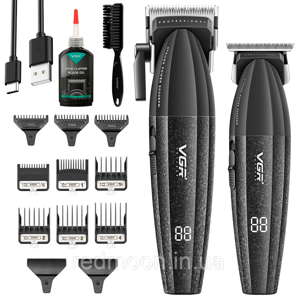 Акумуляторний набір для стрижки волосся 2в1, 9 насадок, USB, VGR V-640 / Машинка і тример для стрижки