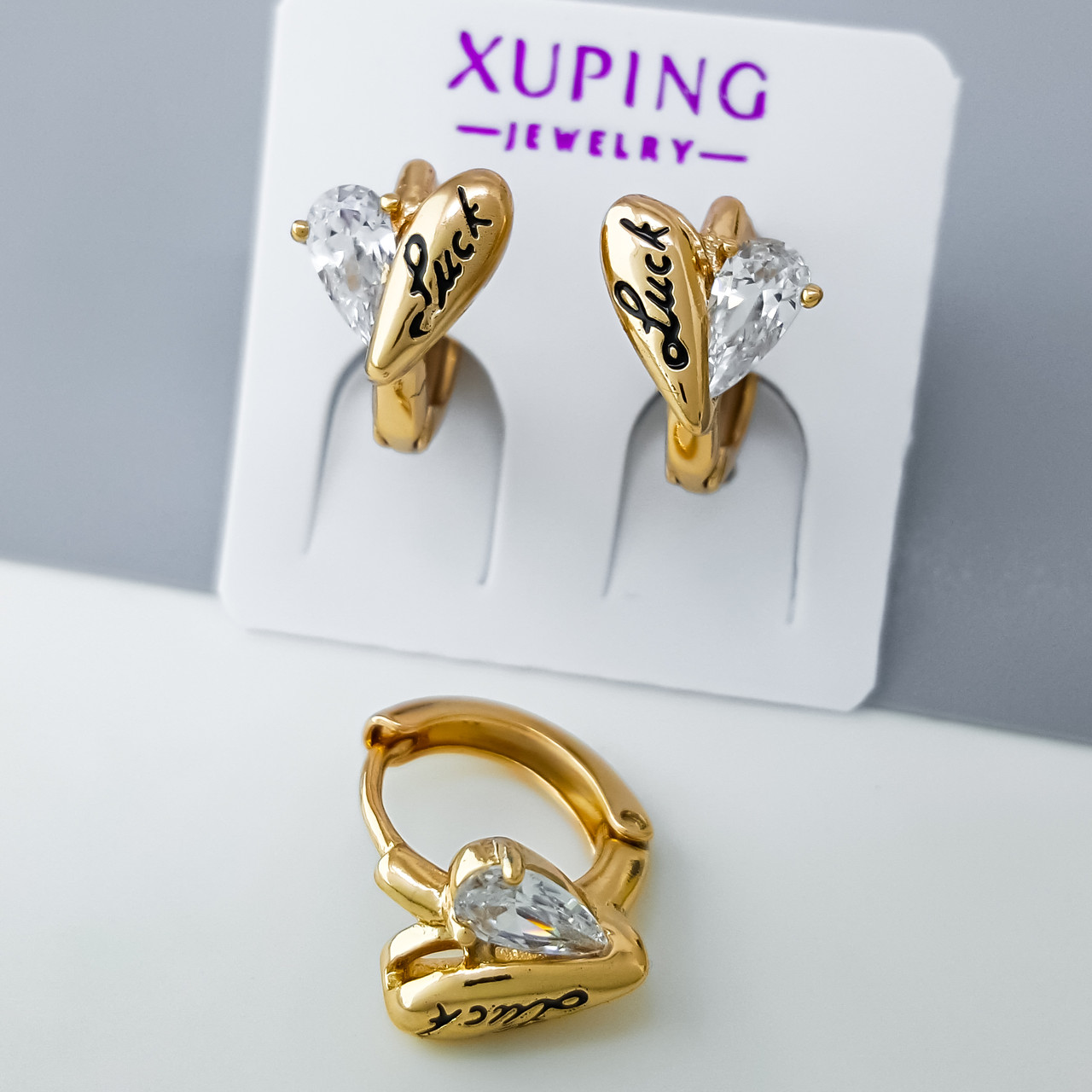 Сережки "Серце Luck" із цирконієм, медзолото Xuping позолота 18К