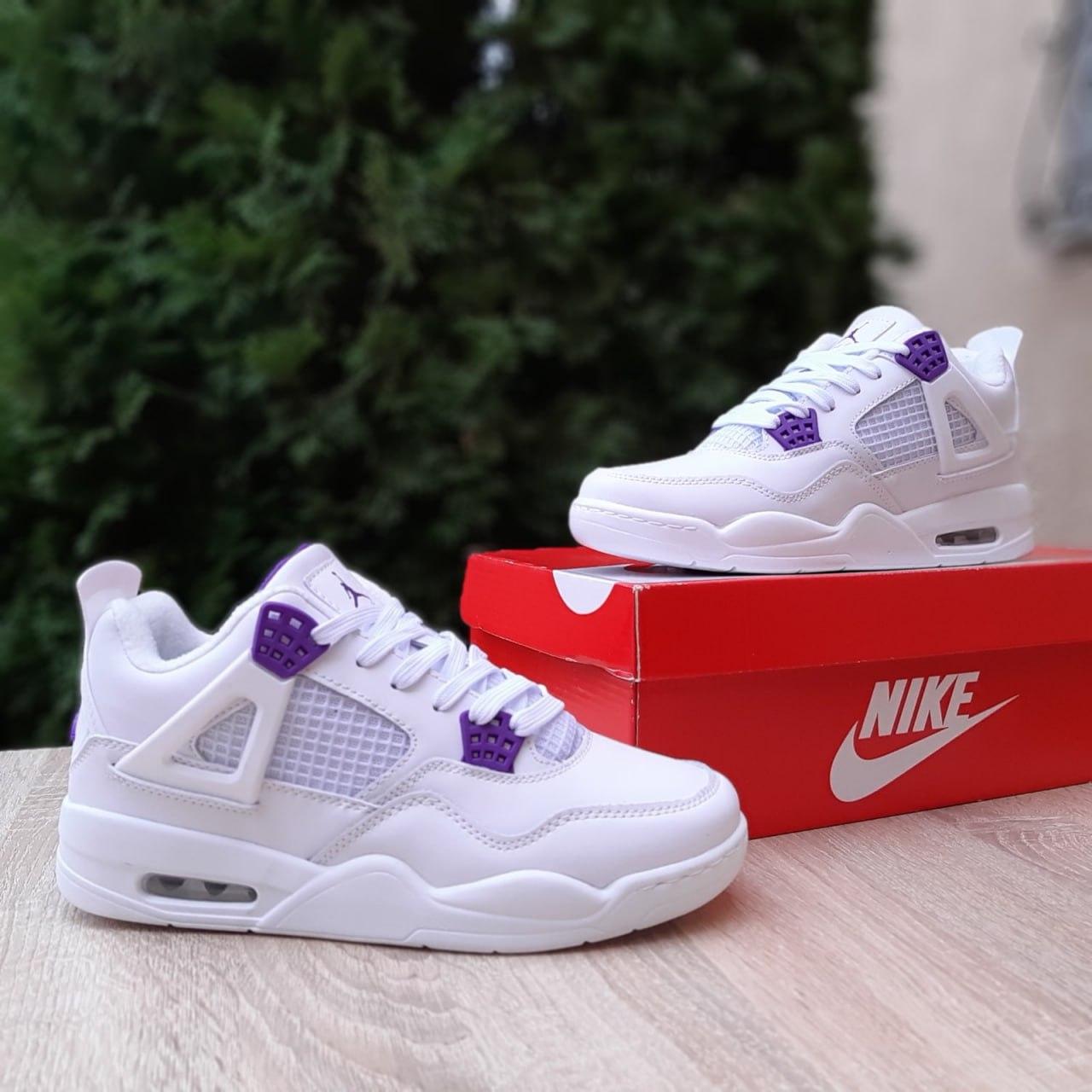 Жіночі термо зимові кросівки Nike Air Jordan Retro 4 Winter white violet fleece Найк Джордан білі теплі на флісі шкіряні, фото 1