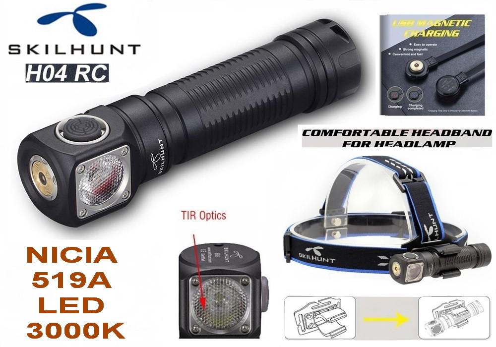 Налобний ліхтар SKILHUNT H04 RC (1200LM, NICIA 519A HIGH-CRI LED, 3000k, IPX8, TIR, Магніт, Магнітна зарядка)