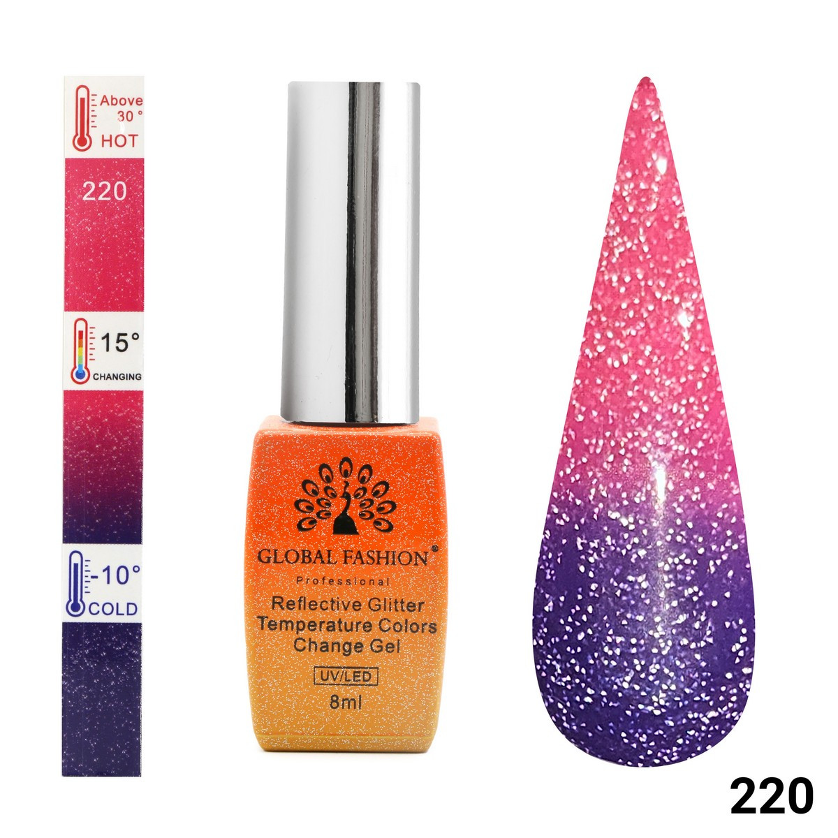 Гель-лак Global Fashion Temperature Color Change Disco 220, 8 мл