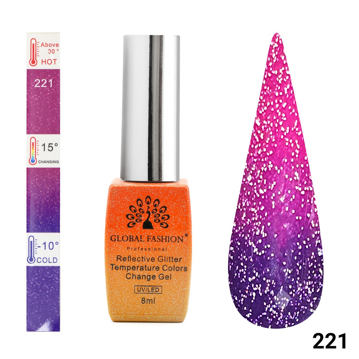 Гель-лак Global Fashion Temperature Color Change Disco 221, 8 мл