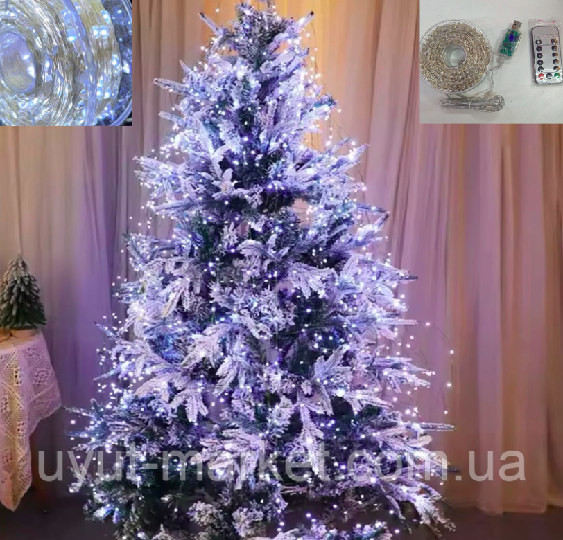 Новорічна USB-гирлянда нитка Роса на котушці 100м 1000LED холодна біла 8 режимів з пультом білий дріт, фото 1