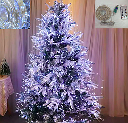 Новорічна USB-гирлянда нитка Роса на котушці 100м 1000LED холодна біла 8 режимів з пультом білий дріт