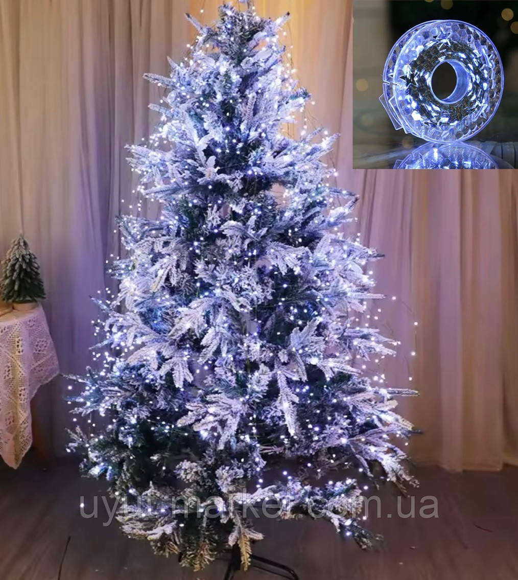 Новорічна USB-гирлянда нитка Роса на котушці 100м 1000LED холодна біла 8 режимів з пультом зелений дріт, фото 1