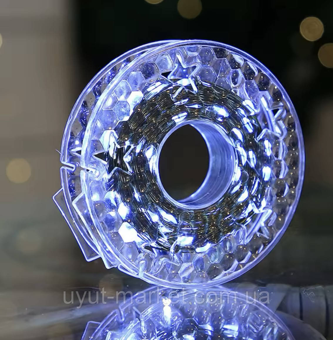 Новорічна USB-гирлянда нитка Роса на котушці 50м 500LED холодна біла 8 режимів з пультом зелений дріт, фото 1