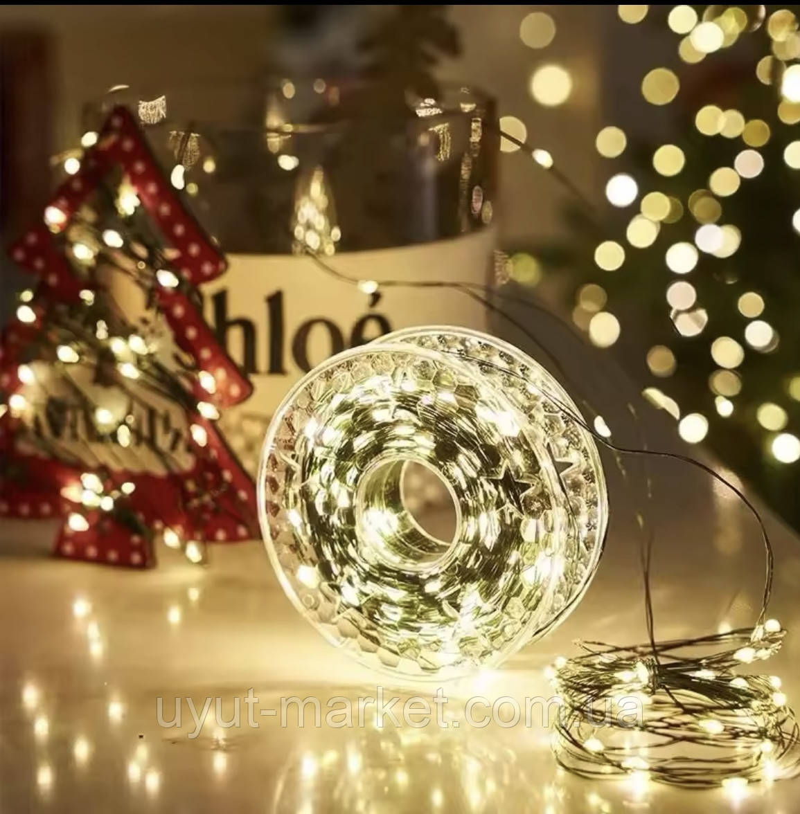 Новорічна USB-гирлянда нитка Роса на котушці 50м 500LED тепла біла 8 режимів з пультом зелений дріт, фото 1
