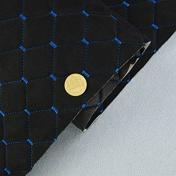 Алькантара Lycra 09/5 чорна, стьобана синьою ниткою, на поролоні 3мм і флізеліні, ширина 140см (Туреччина)
