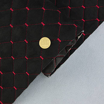 Алькантара Lycra 09/7 чорна, стьобана червоною ниткою, на поролоні 3мм і флізеліні, ширина 140см (Туреччина)