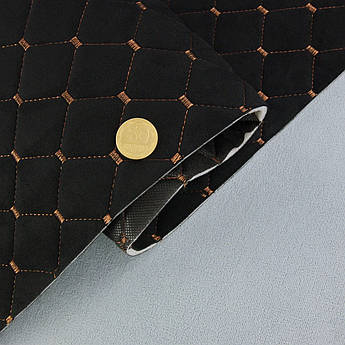 Алькантара Lycra 09/9 чорна, стьобана коричневою ниткою, на поролоні 3мм і флізеліні, ширина 140см (Туреччина)