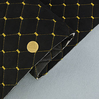 Алькантара Lycra 09/17 чорна, стьобана золотою ниткою, на поролоні 3мм і флізеліні, ширина 140см (Туреччина)