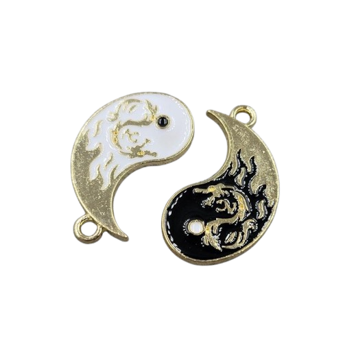 Парна підвіска металева Finding Кулон знак інь-янь дракон Золотистий Чорна-біла емаль 21 мм x 25 мм