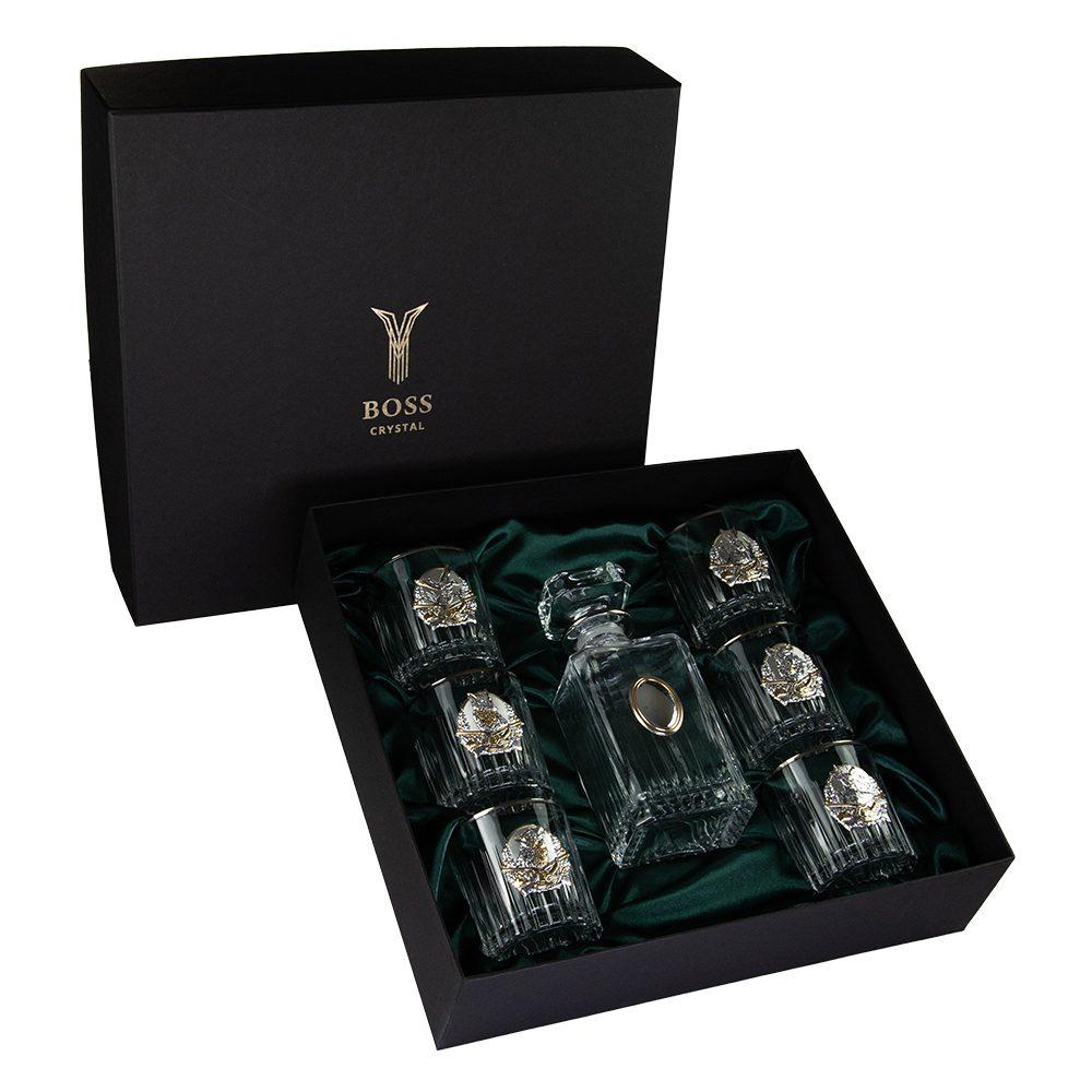Подарунковий набір графин та 6 келихів для віскі "Полювання" кришталевий з декоративними накладками від Boss Crystal, фото 1