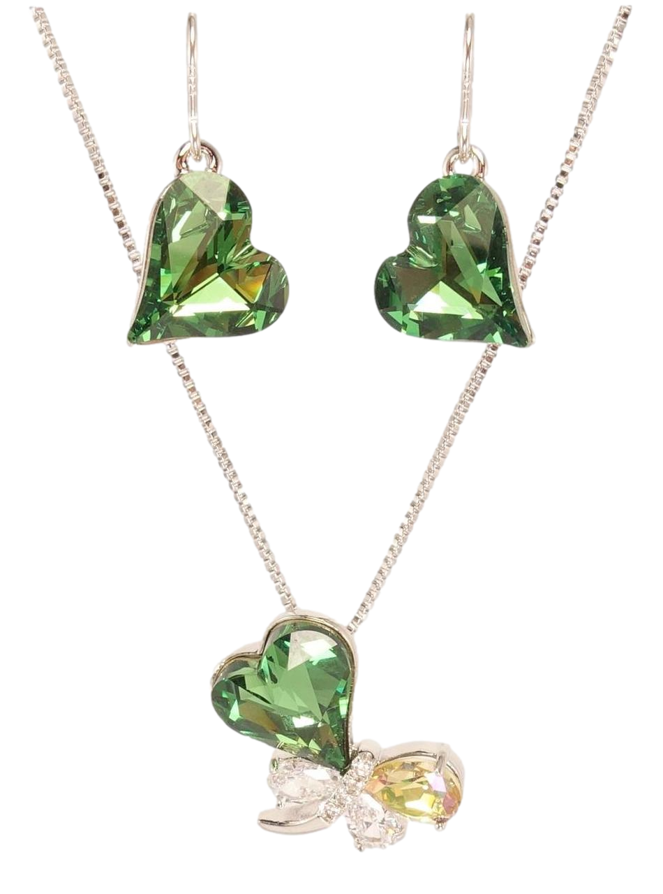 Набір Xuping колір Родій з кр-ми Swarovski Сережки Кулон на ланцюжку "Зелене Серце і Бабка" довжина 38-43см