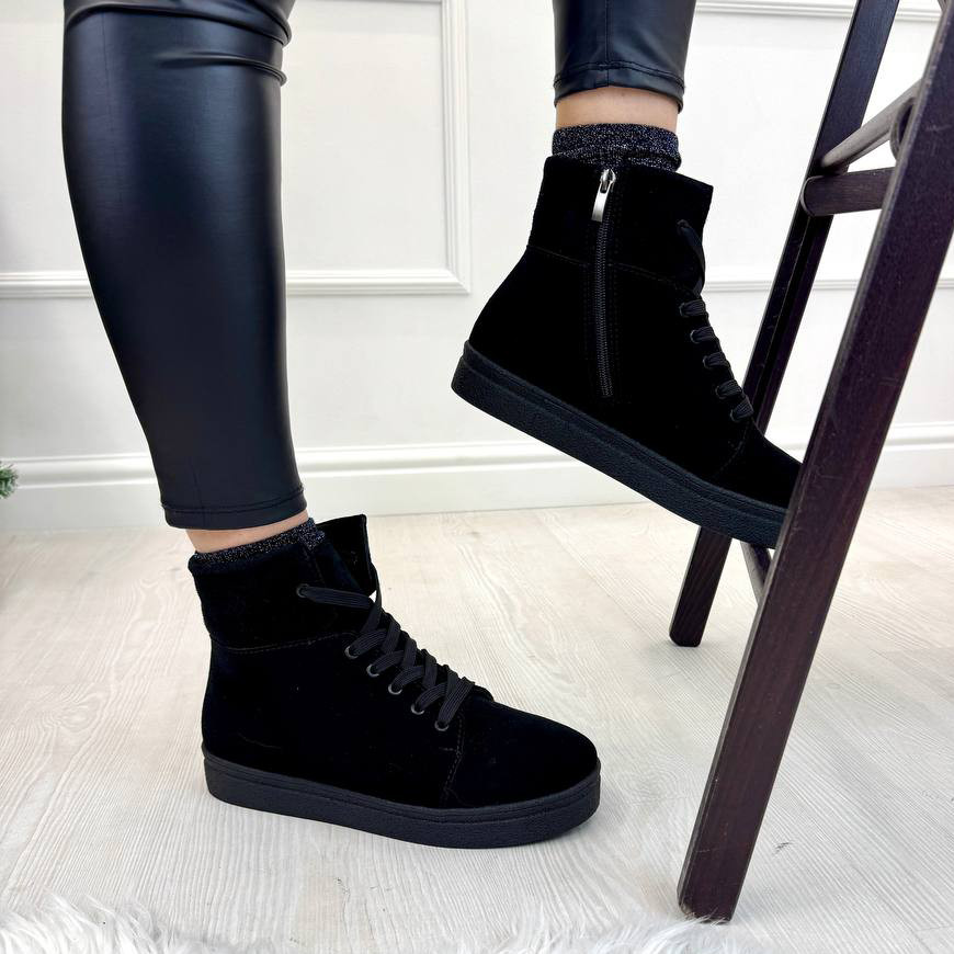 Черевики жіночі замшеві на товстій підошві, чорний колір, фото 1