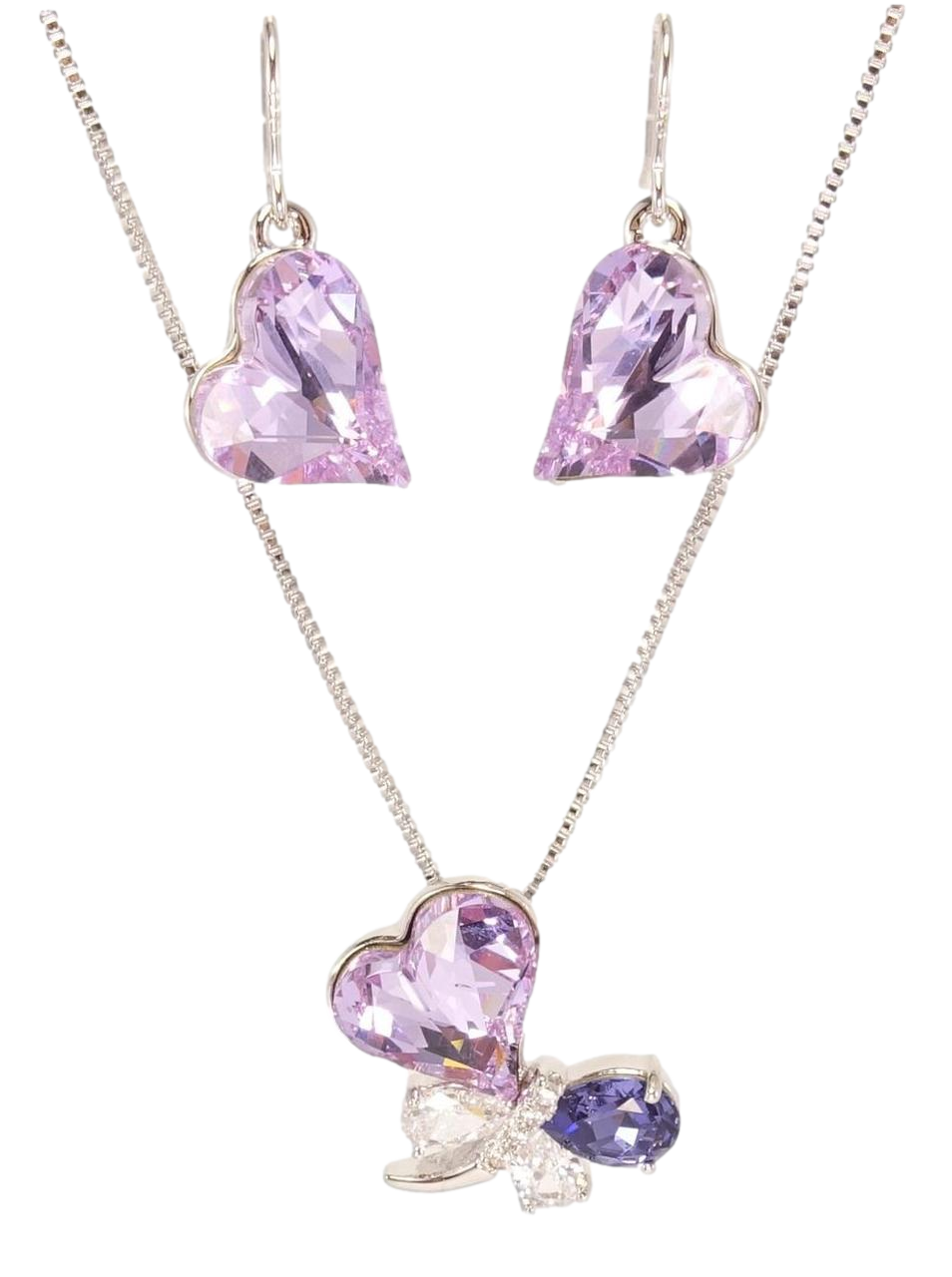 Набір Xuping колір Родій з кр-ми Swarovski Сережки Кулон на ланцюжку "Бузкове Серце і Бабка" довжина 40-45см