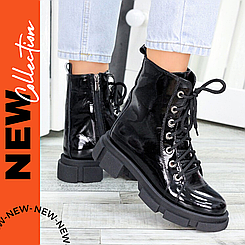 Черевики берці жіночі демісезонні шкіряні лакові чорні на шнурівці низькому ходу 36-40 розмір