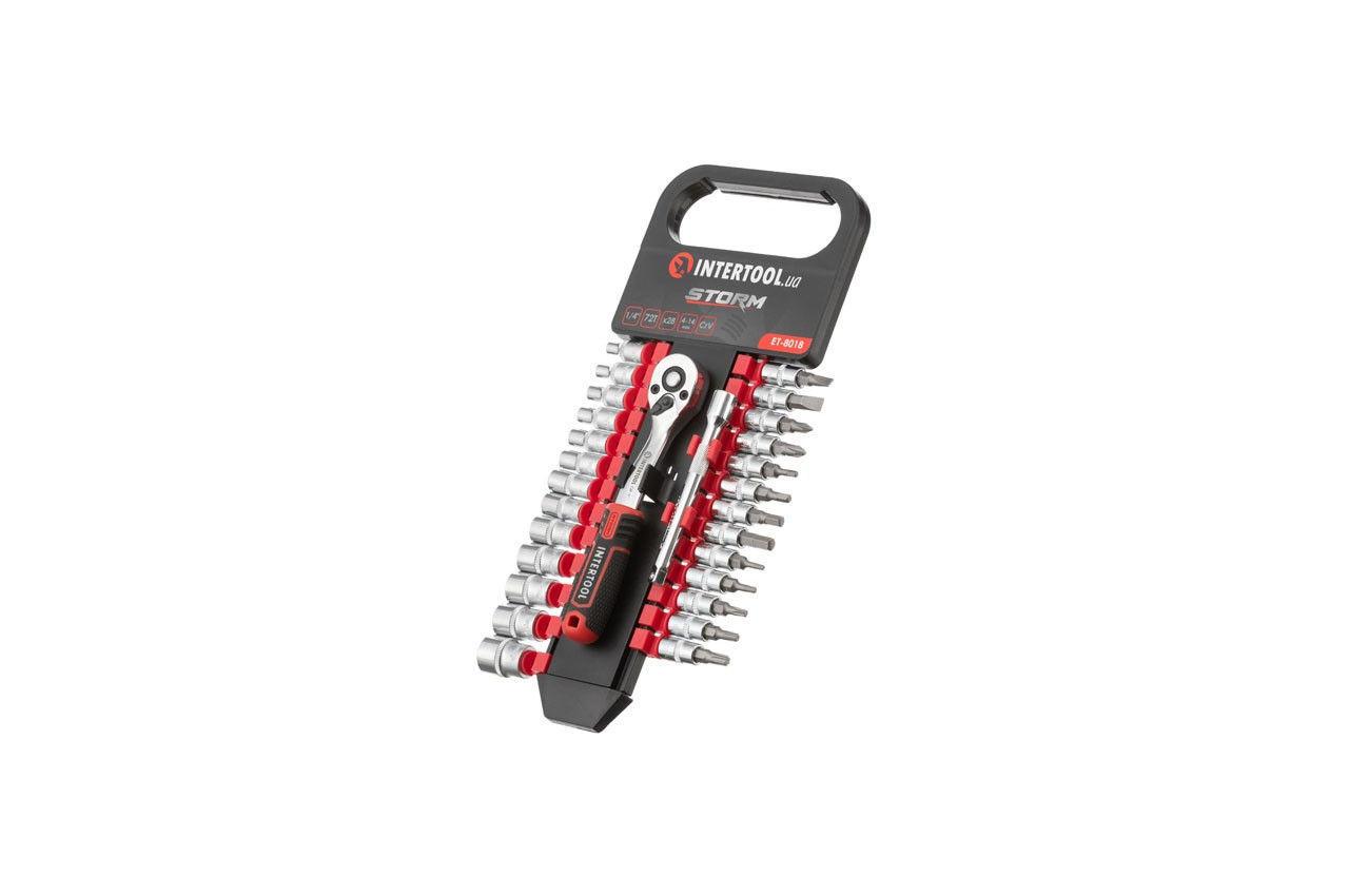 Набір інструментів Intertool Storm ET-8018 1/4" x 28 од. з Cr-V сталі з тріскачкою, подовжувачем і головками SL, фото 1