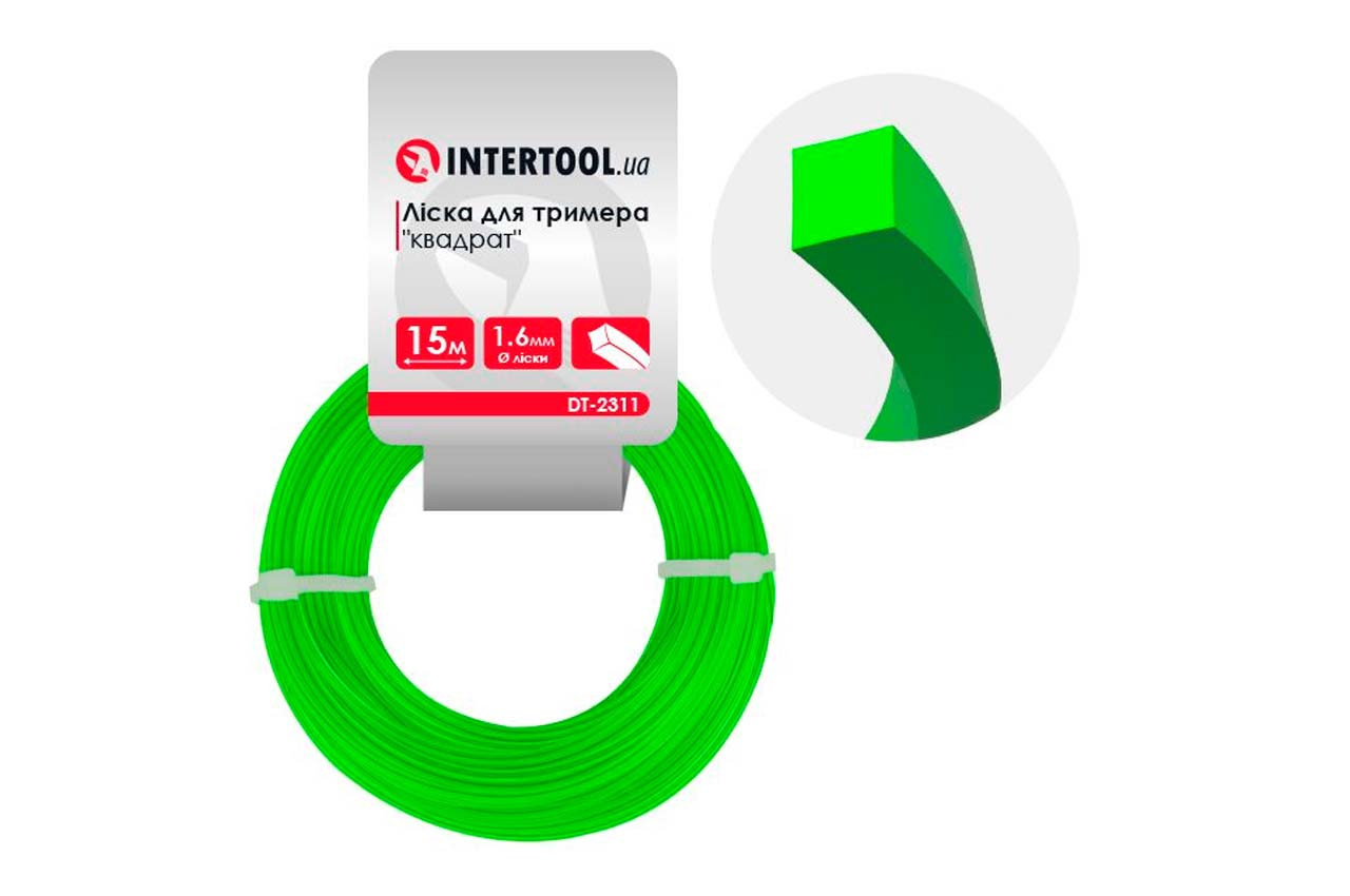 Ліска для тримера Intertool 1.6 мм x 15 м квадрат, нейлонова волосінь для акуратного зрізання трави