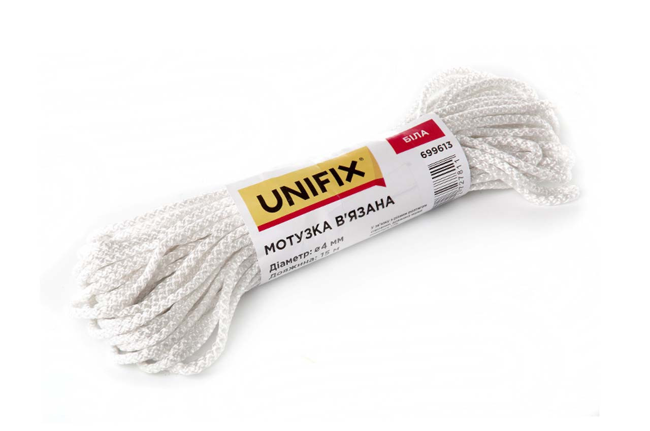 В’язана мотузка Unifix 6 мм x 15 м біла, поліпропіленова, міцна та зносостійка для побуту й декору